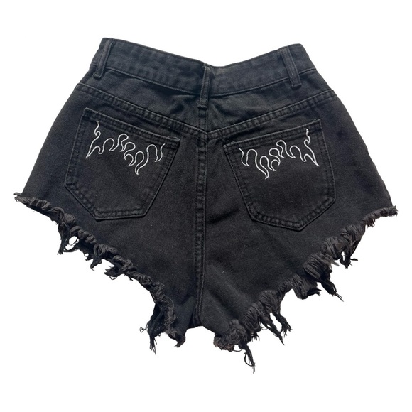 Very Cheeky High Waisted Black Denim Cutoff Shorts w/ Flame Embroidered Pockets - Picture 1 of 3